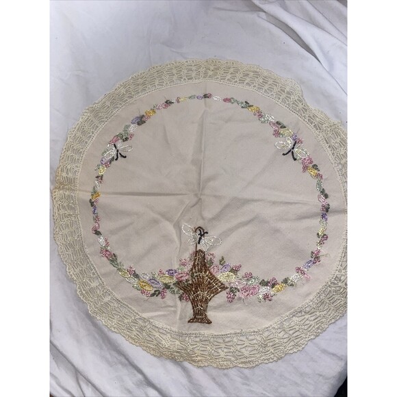 Doilies easter crochet Hand Embroidered Lace Floral Basket 25”Vintage Table - Picture 1 of 9